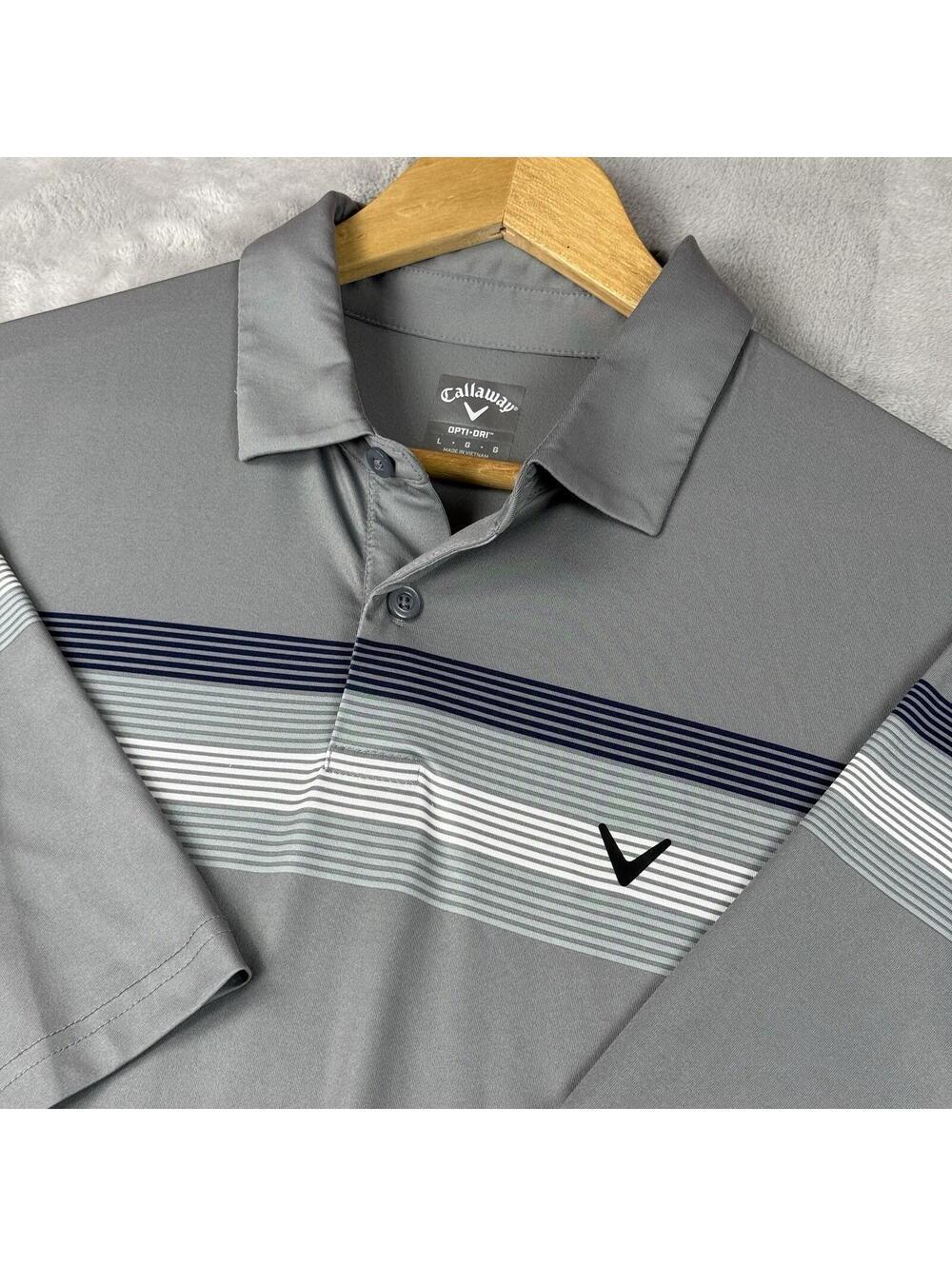 Callaway Opti-Dri Golf Polo Shirt Gray Striped Performance Size L Preppy sporty